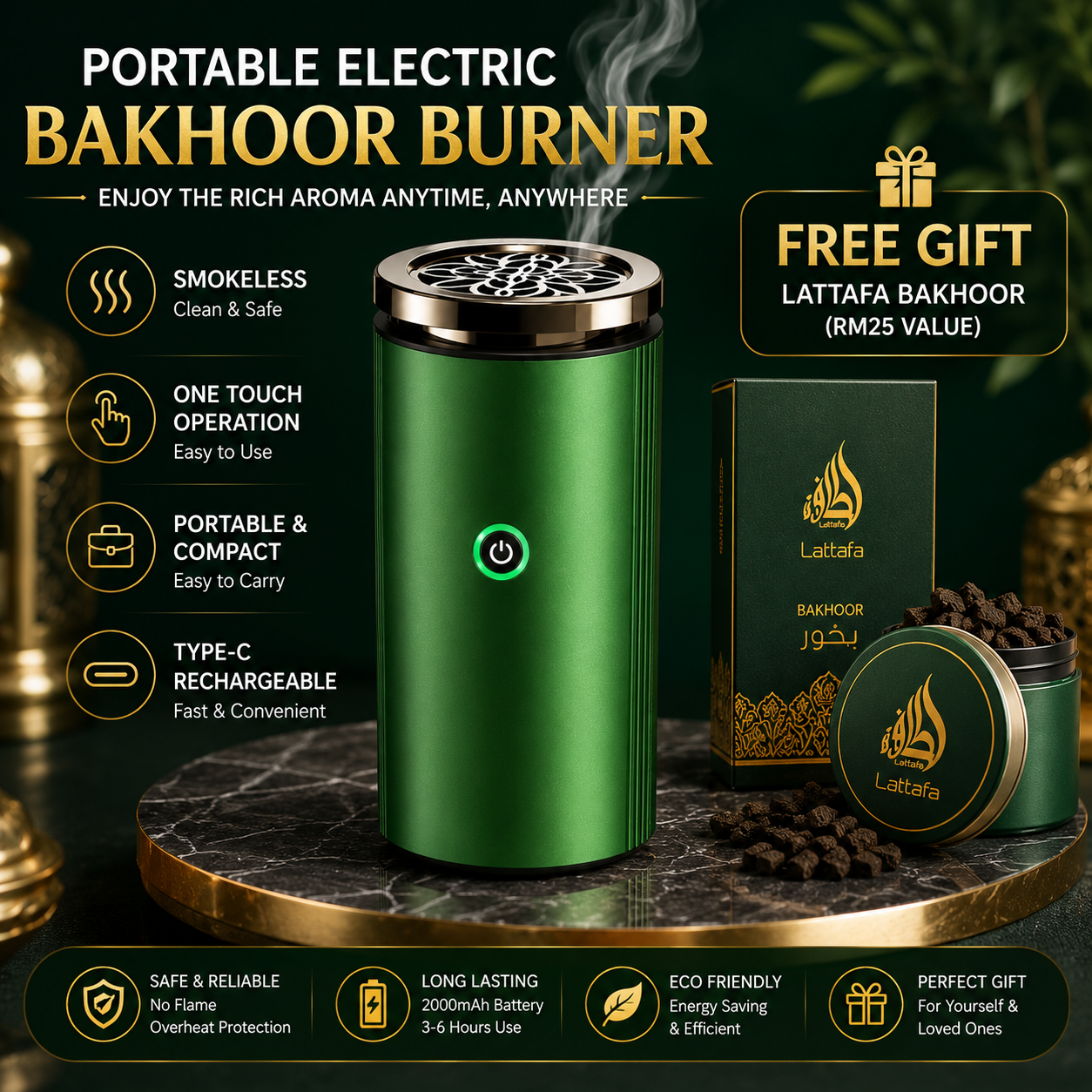 (Free Gift Lattafa Bakhoor Rm25) Portable Electric Bakhoor Aroma Burner